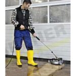 Karcher FR30 ME Stainless Steel Commercial Hard Surface Cleaner Attachment, attaches to the end of the lance for splash free wall and floor hard surfaces cleaning. Complete With Hose & Lance. For walls and floors, cleans up to 10 times faster than the standard nozzle without splashing. FR 30 ME high-quality, hot water resistant surface cleaner with stainless steel casing with a working width of 300 mm, ideal for indoor cleaning, e.g. food industry. Features include double ceramic bearings, non-marking swivel castors and integrated suction hose connection for removing spray water.
