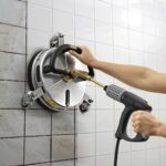 Karcher FR30 ME Stainless Steel Commercial Hard Surface Cleaner Attachment, attaches to the end of the lance for splash free wall and floor hard surfaces cleaning. Complete With Hose & Lance. For walls and floors, cleans up to 10 times faster than the standard nozzle without splashing. FR 30 ME high-quality, hot water resistant surface cleaner with stainless steel casing with a working width of 300 mm, ideal for indoor cleaning, e.g. food industry. Features include double ceramic bearings, non-marking swivel castors and integrated suction hose connection for removing spray water.
